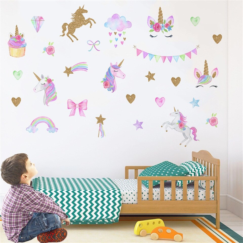 Roze Cartoon Eenhoorn Muursticker Voor Kinderkamer Nursery Decoratie Behang Waterdicht Diy Regenboog Decal Home Decor Muurschilderingen