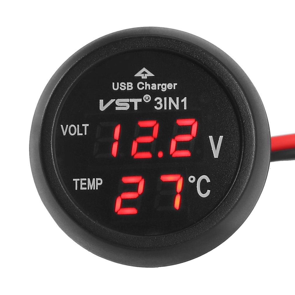12v/24v digital måler skærm 3 in 1 led usb billader voltmeter termometer bilbatteri skærm lcd digital dobbelt skærm: Rød