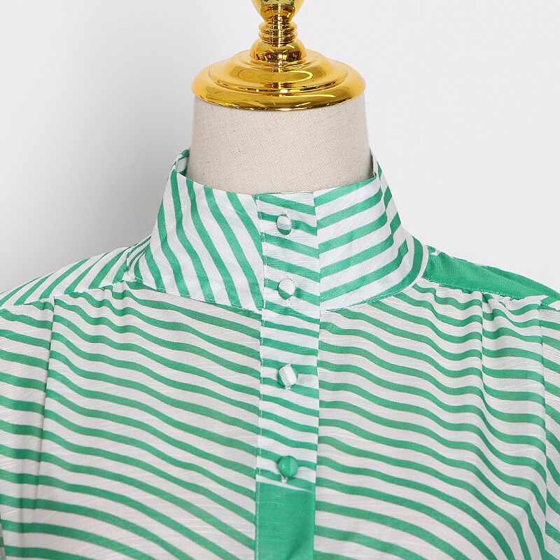 Vgh Lace Up Jurk Voor Vrouwen Revers Kraag Lantaarn Lange Mouw Gestreepte Hit Kleur Ruches Mini Jurken Vrouwelijke Zomer Stijl