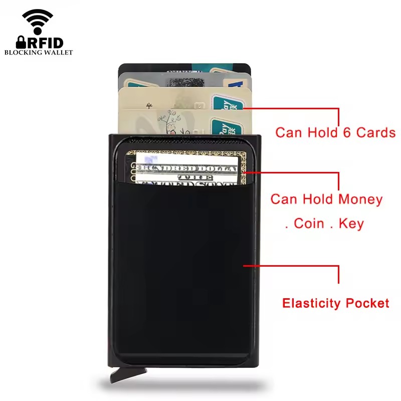 Schlanke RFID-Geldbörse aus Aluminium mit Elastizitäts-Rückseite, Ausweis-Kreditkartenhalter, Mini-RFID-Geldbörse, automatisches Pop-up-Bankkartenetui