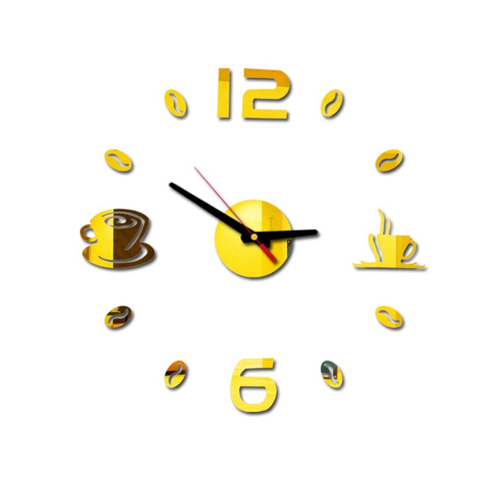 Coffee Cup Print 3d Clocks Diy Roman Numbers Acrylic Mirror Wall Sticker Clock Home Decor Mural Decals Часы Настенные: Gold