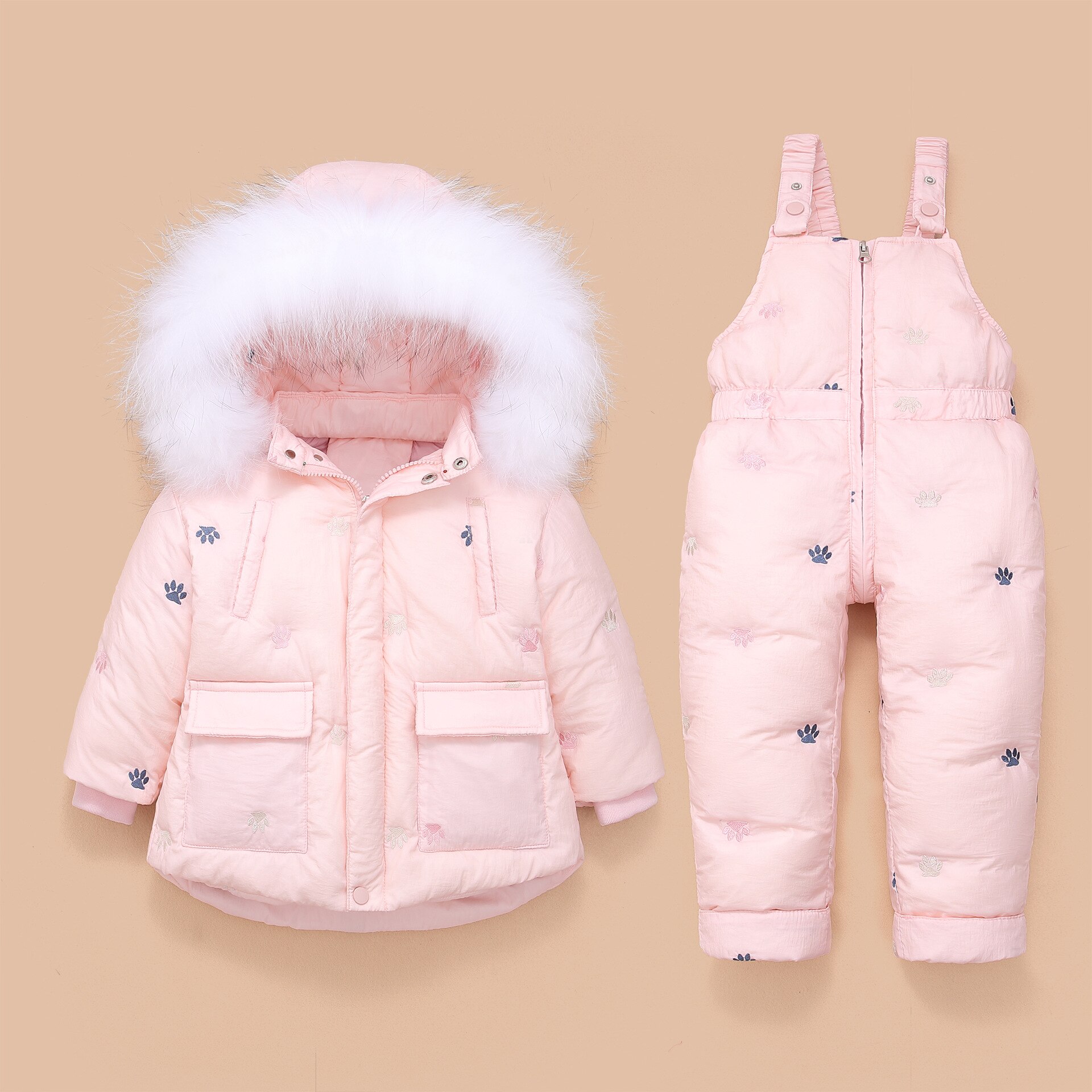 Meisjes Set Fur Hooded Jongen Baby Overalls Meisje Winter Donsjack Warme Jas Kinderen Kinderen Snowsuit Sneeuw Kleding Meisjes Kleding set: Pink / 24M
