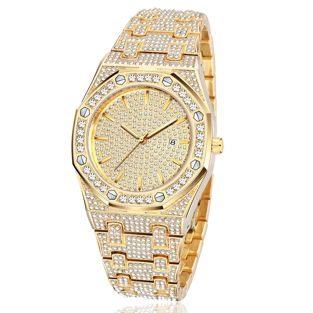 Reloj de pulsera con diamantes de acero dorado para hombre, cronógrafo masculino de de lujo, estilo Hip Hop,