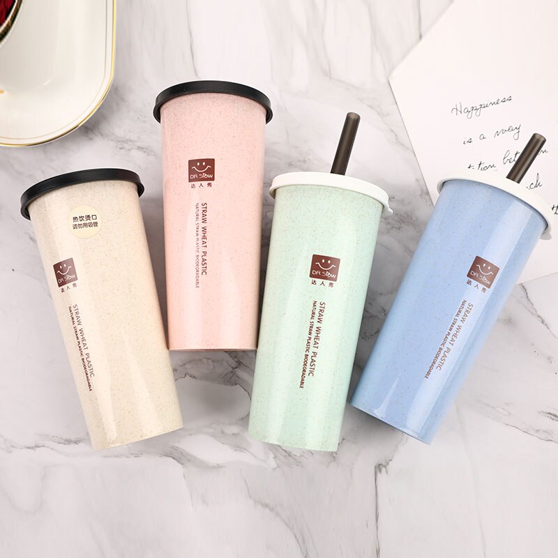 Cup Water Cup with Straws Double Lid Portable Hand Cup Wheat Straw Cola Coffee Plastic Travel Cup Drinking Cup Home Office