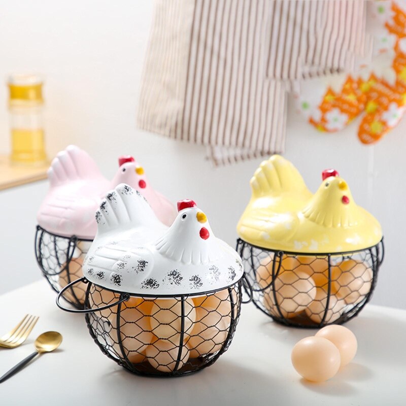 Egg Holder Iron Chicken Shape Ceramic Hen Ornament Fruit Storage Basket Durable