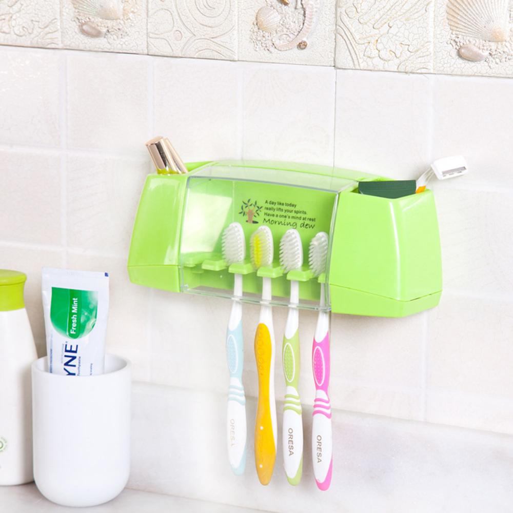 1 sæt vægbeslag tandbørste opbevaringsstativ automatisk tandpasta dispenser tandbørsteholder arrangør badeværelse tilbehørssæt: Grøn