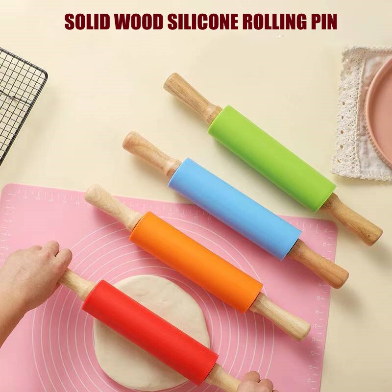 Non-Stick Silicone Rolling Pin Wooden Handle Pastry Dough Flour Roller Kitchen Cooking Baking Tool for Pasta Cookie Dough Tools