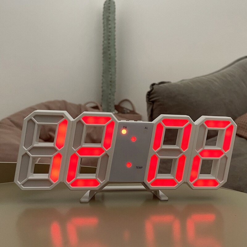 Digital Wall Clock 3D LED Alarm Clock Electronic Desk Clocks with Large Temperature 12/24 Hour Display: White frame red