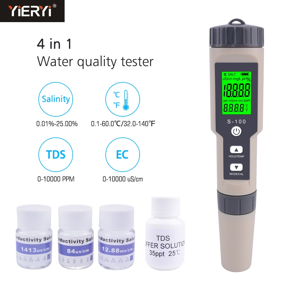 Yieryi S-100 Digitale Zoutgehalte Meter 4 In 1 Tds/Ec/Zoutgehalte/Temp Water Quality Tester Met Tds & Ec Kalibratie Oplossing Buffer