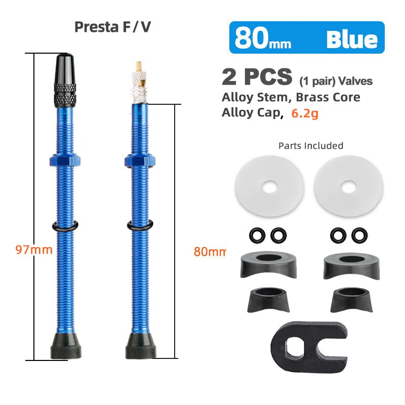 Deemount 2PCS Bicycle Tubeless Tire Presta Valve Brass Core Optional Brass Alloy Stem 40/60/80/100/120mm W/ Alloy Cap &amp; Tool: 80mm Alloy Blue B