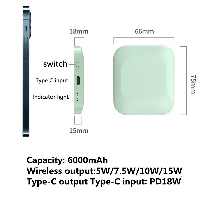 Portable Magnetic Power Bank 15W Wireless Charging For Apple iPhone 13 Xiaomi Huawei Samsung 6000mAh External Battery Charger
