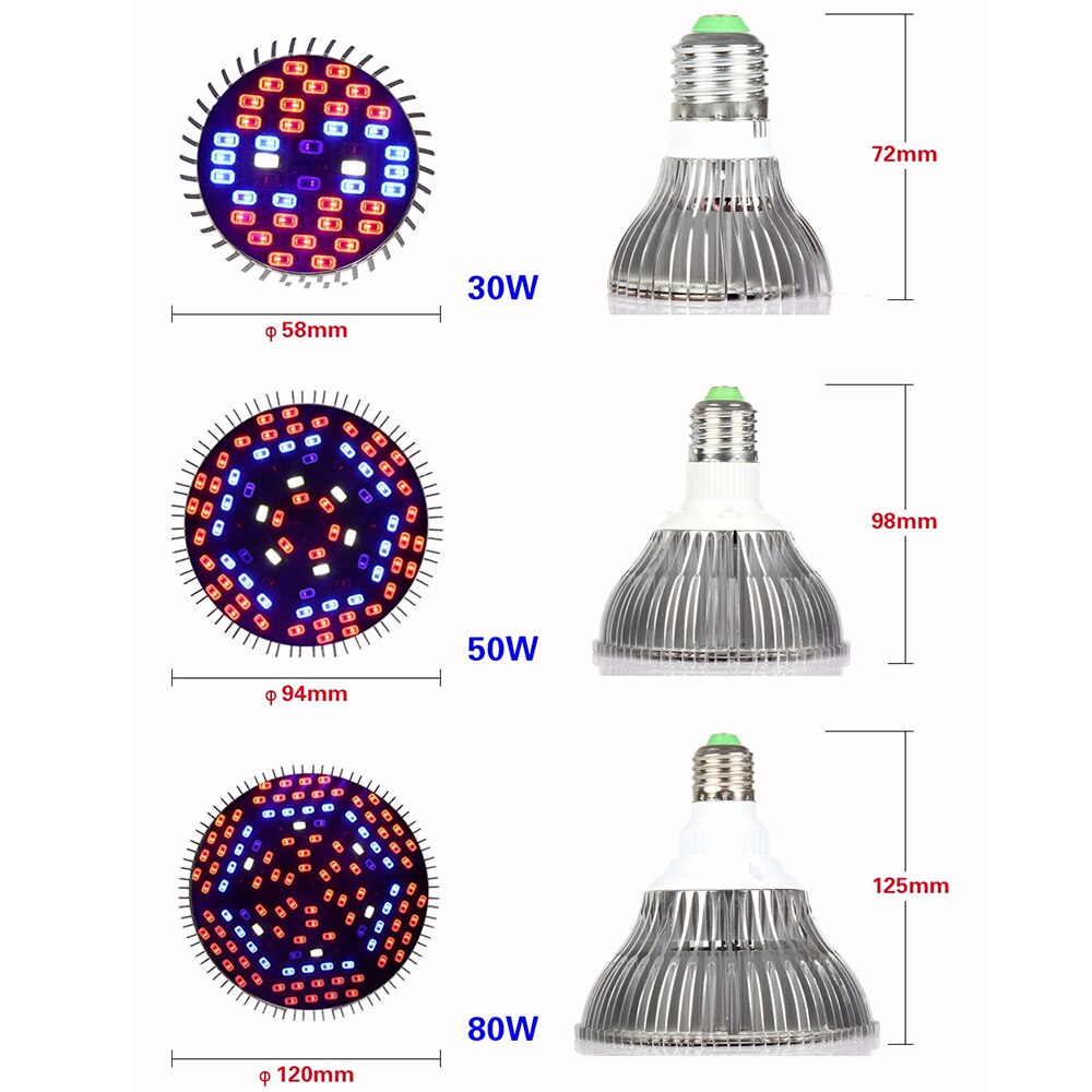 Luz LED para cultivo de plantas, lámpara de espectro completo para invernadero, 8-80W, E26, E27, 18-120LED, D30