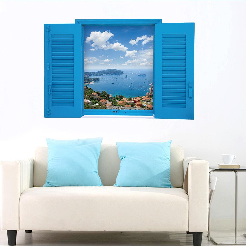 3D stickers Mediterranean blue false window scenery bedroom living room hotel decoration wall stickers: A