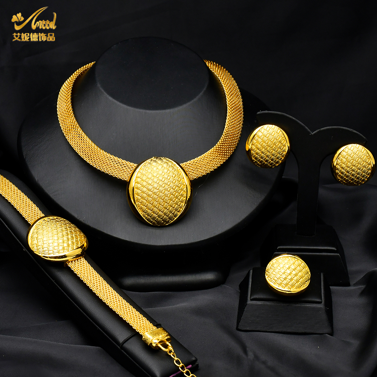 ANIID-Conjunto de joyería africana de Color dorado para mujer, gargantilla india, collar, pendiente, joyería nigeriana chapada en oro de 24K, boda de Dubái: PLATEADO