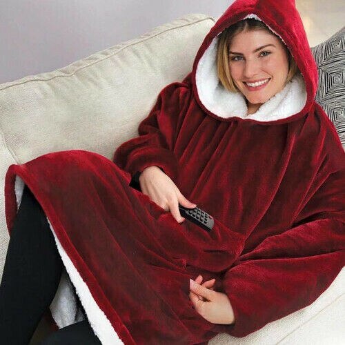 Winter Warm Fleece Wearable Blanket With Long Sleeves And Pocket Micro Plush Warm Snuggie Casual Thick Hooded Adult Clothes: Red