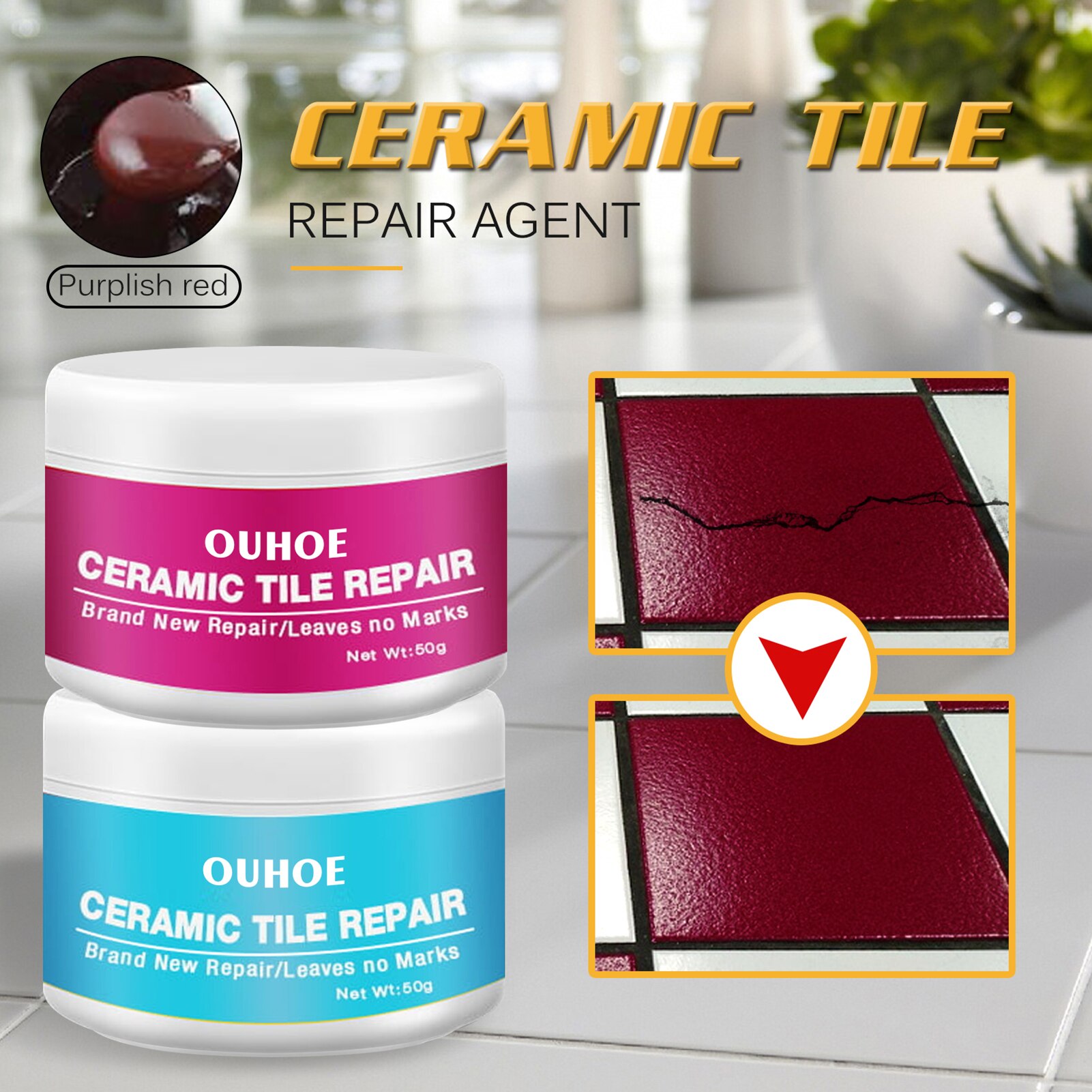 Ceramic Tile Repair Agent Ceramic Paste Floor Tile Adhesive Bathroom Closestool Marble Pit Glazed Fix Repair Paste: Fuchsia 