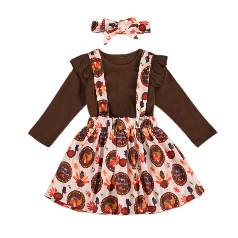 Thanksgiving Peuter Baby Meisjes 3 Stuks Rokken Outfits, Lange Mouwen Top + Jarretel Gedrukt Rok + Hoofdband: Bruin / 18m