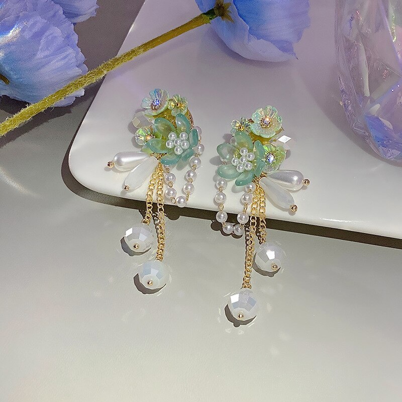 Oval Pearl Resin Flower Tassel Summer Earrings Beach Jewelry Boho Green pendientes