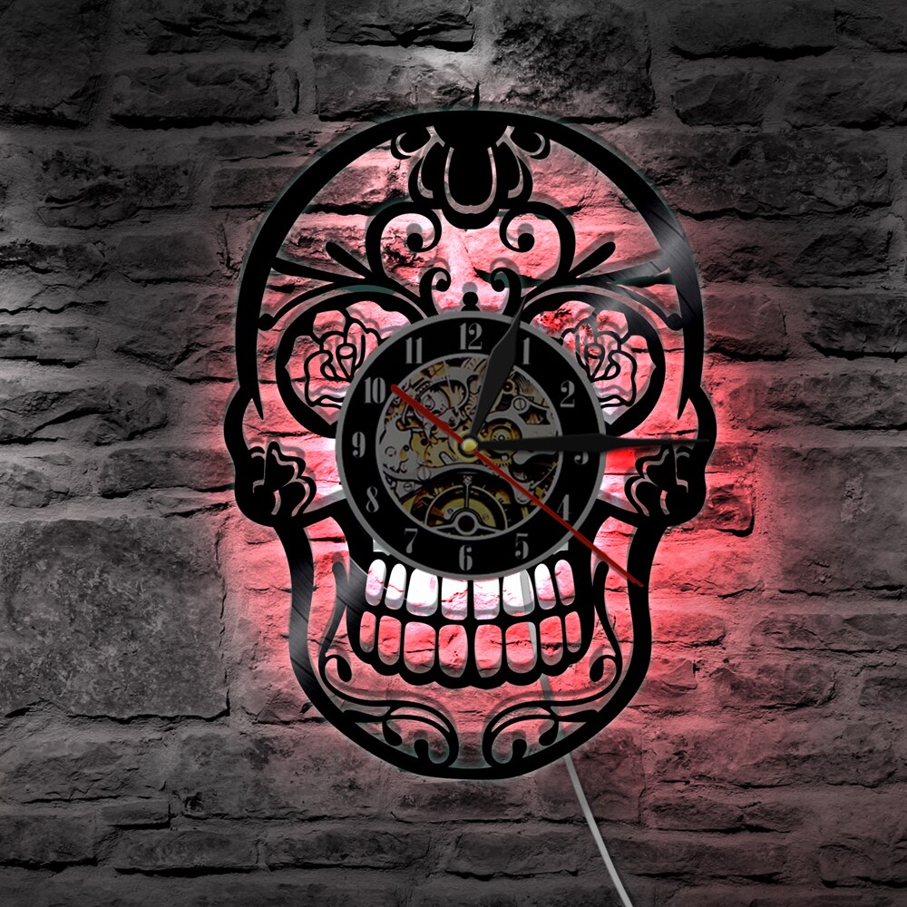1Piece The Day of Dead l Wall Clock With Led Lighting Gothic Sugar Skull Clock Home Decor reloj digital pared Clock kitchen