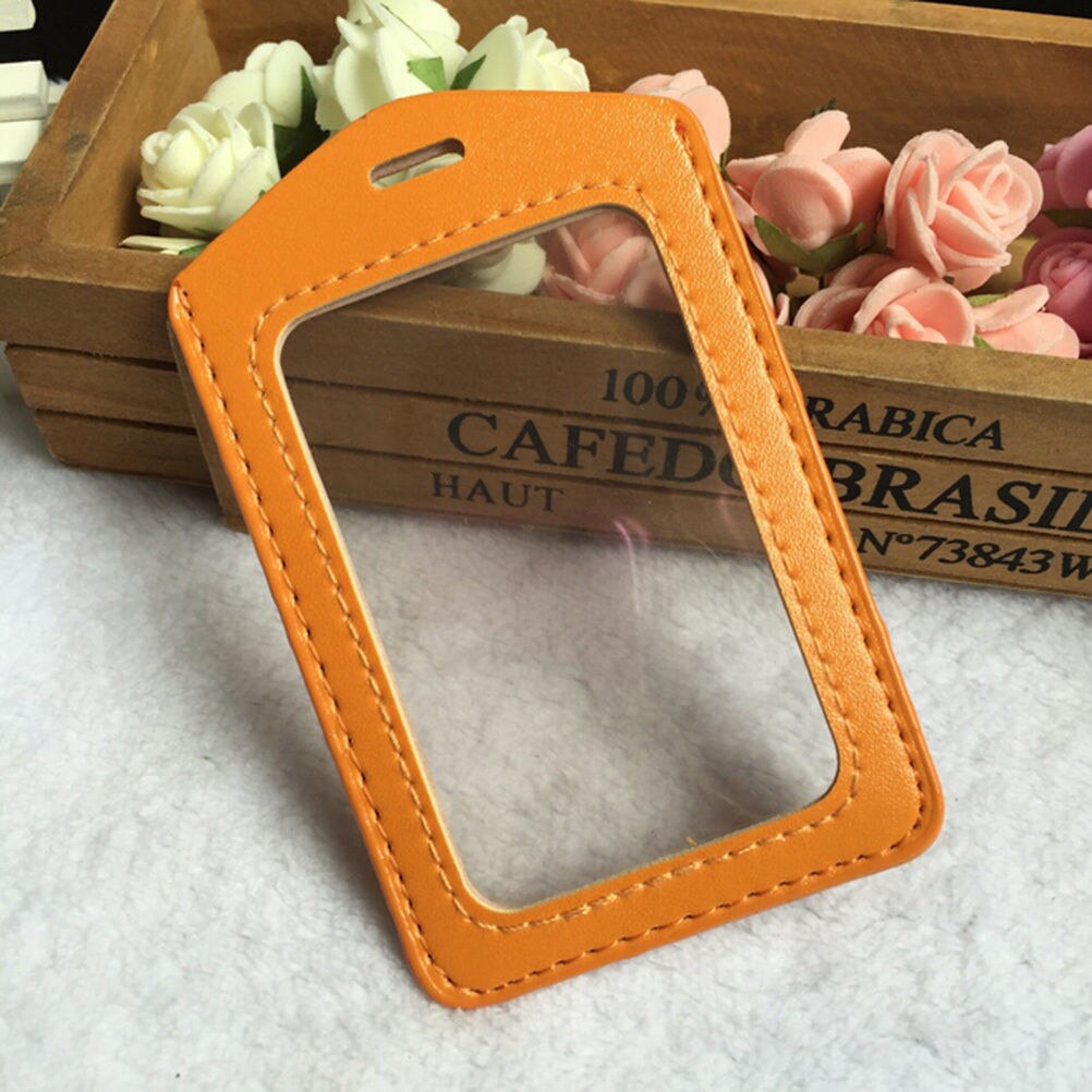ID PU Leather Card Holders Horizontal Vertical Style Badge Case Clear with Color Border and Lanyard Holes School Stationery: Orange