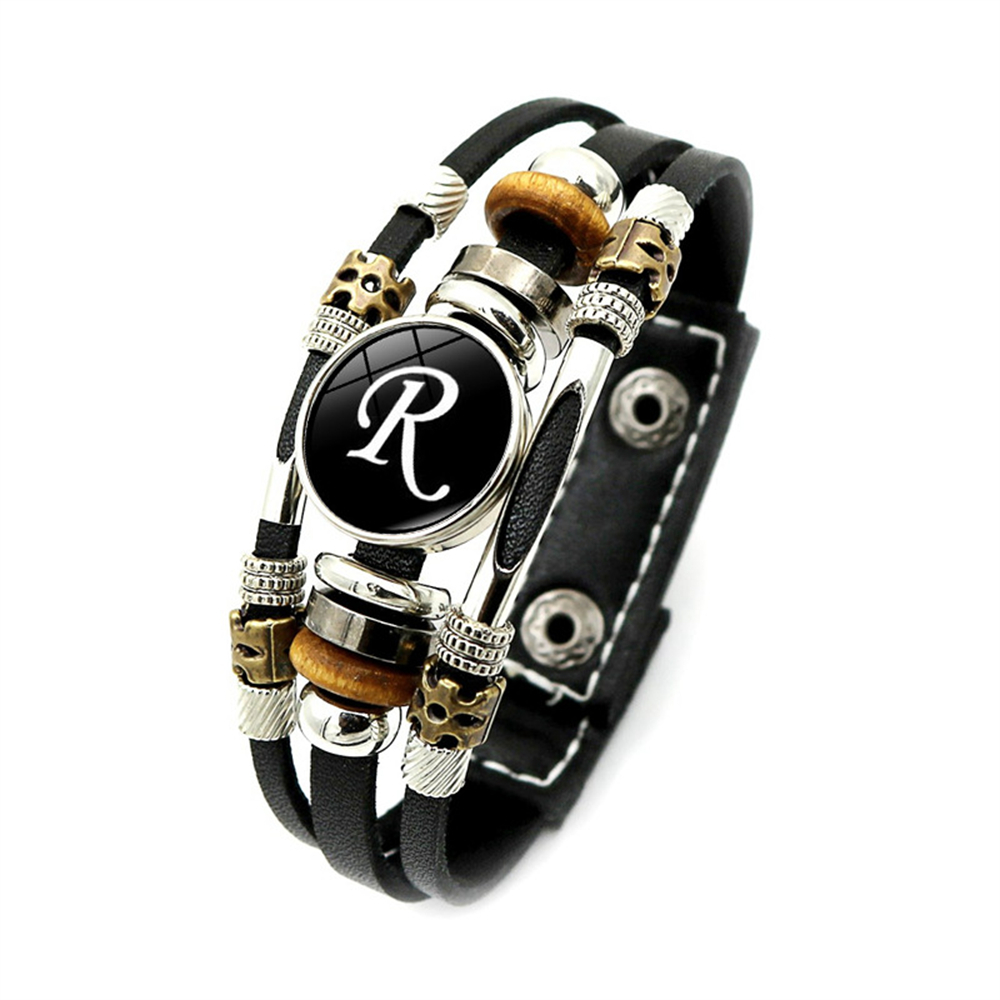 Retro A-Z Initial Alphabet Bracelet Adjustable Leather Double Side Hand Made Rope Bangles for Men Boy Jewelry: Black Gun Plated