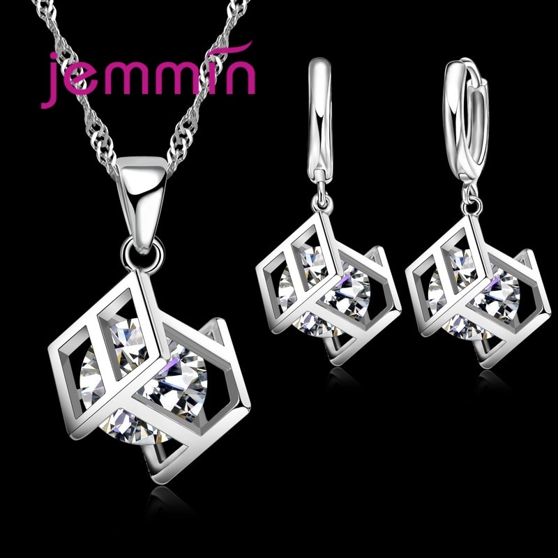 Verklaring Wedding 925 Sterling Zilver Vrouwen Geometrische Choker Joyas Zirconia Hanger Ketting Oorbellen Sieraden Sets