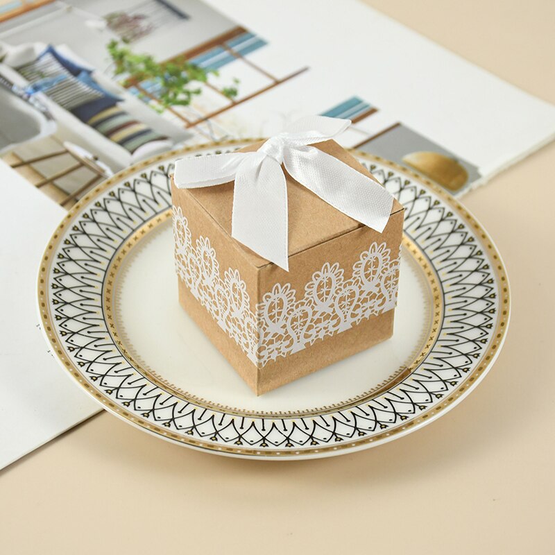 Caja con lazo de encaje para dulces, caja de papel Kraft con cintas, caja de de cumpleaños y boda, 10 piezas