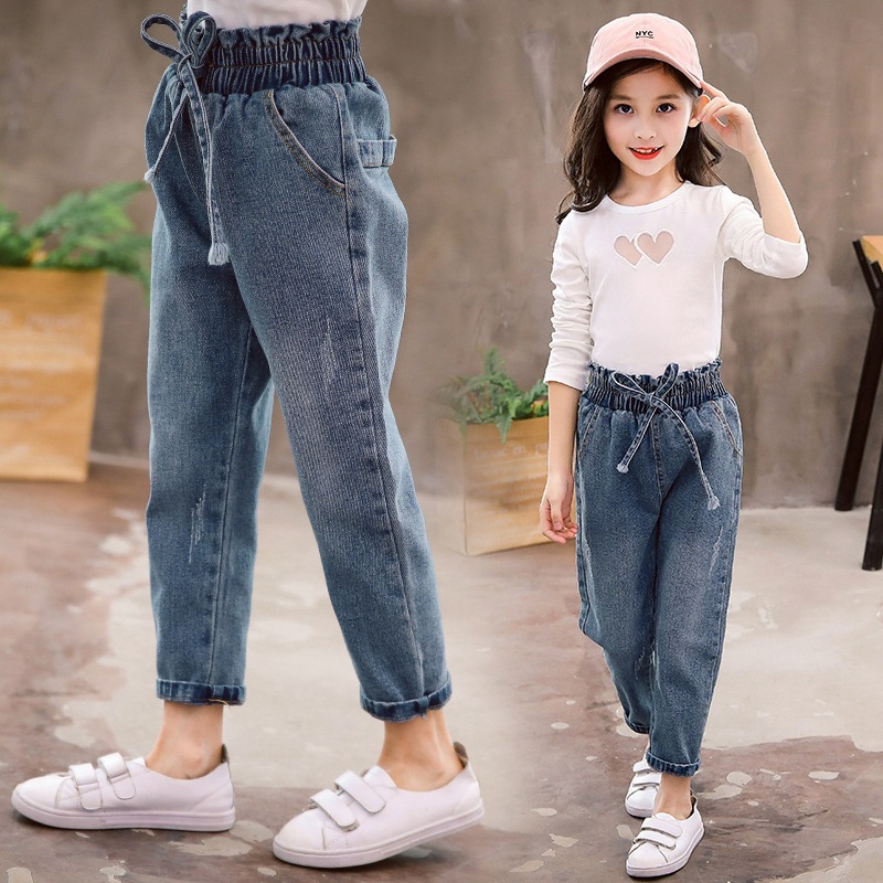Jeansbukser for jenter uformelle barn solide dongeribukser vår høst barn flare jeans 3t 4t 8 12 13 år