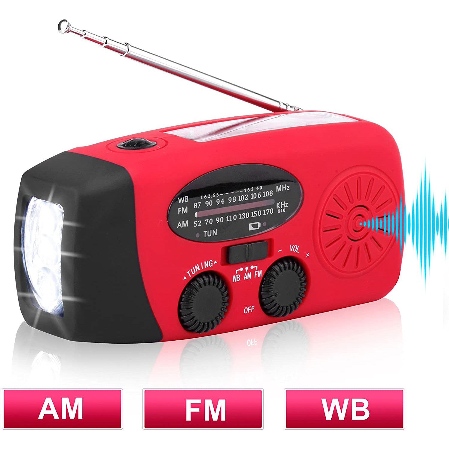 Solar Radio Emergency Radio AM/FM/WB Weather Radio Hand Crank Radio with 3 LED Flashlight 1000 MAh As a Phone Power Bank