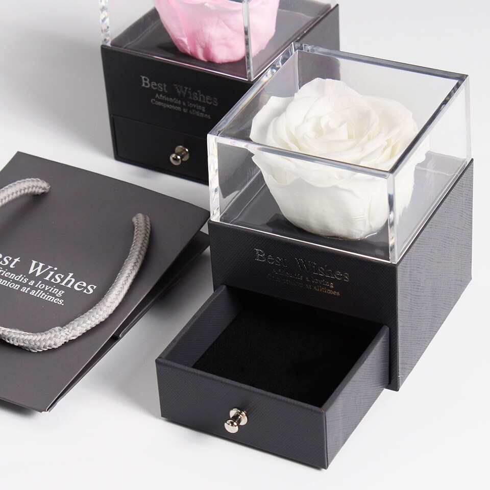Preserved Real Rose Jewelry Box with Necklace Holder Immortal Flowers Forever Blossom Wedding Birthday Set for Women: white no necklace