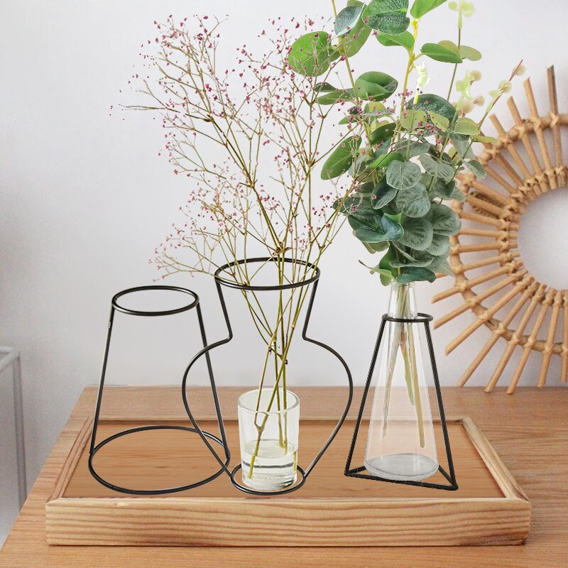Vase en fer forgé avec cadre géométrique noir, support de plante en métal, Vase pour décoration de salon, bureau, chambre à coucher