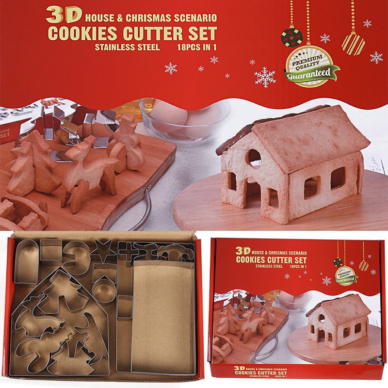 18Pcs 3D Peperkoek Huis Rvs Kerst Scenario Cookie Cutters Set Biscuit Mold Fondant Cutter Bakken Tool