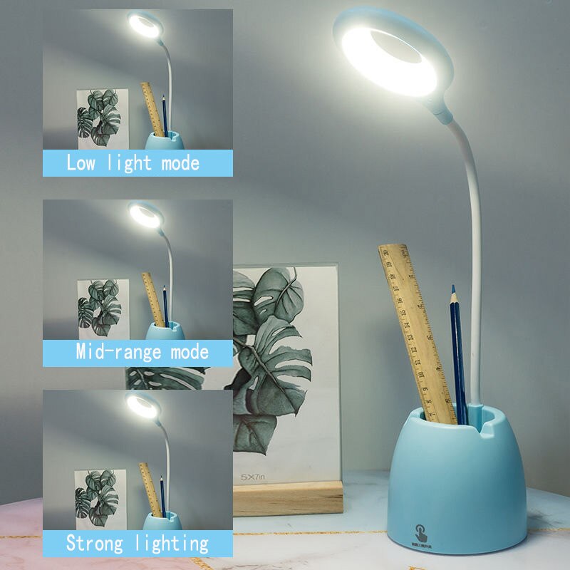 Led bureaulamp oogbescherming leren drie-blok touch opladen schat penhouder studentenhuis oogbescherming bureaulamp