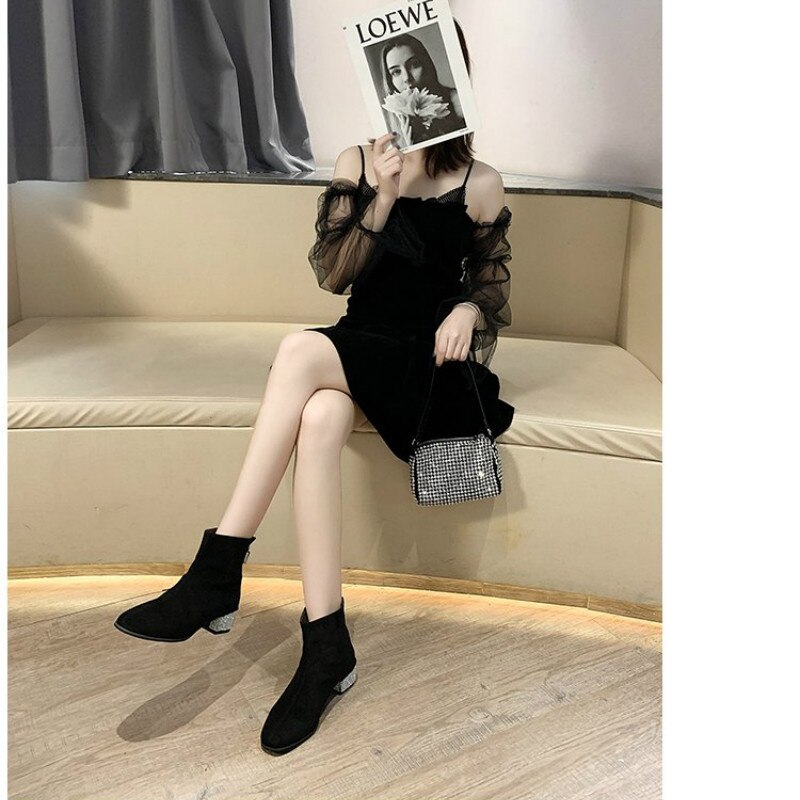 Boots for Women Shoes Femenino Autumn Female British Style Flock Rhinestone Heels Bling Ankle Boots Lady Boots