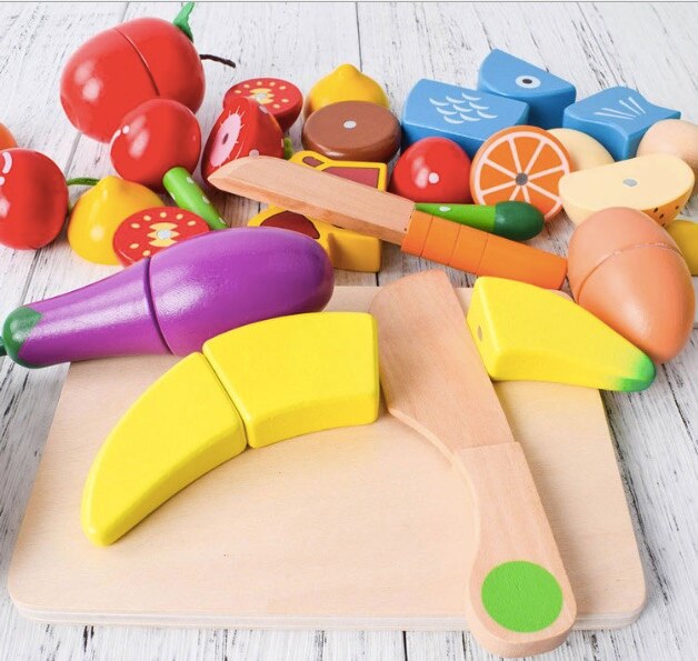 Wooden cutting fruit kitchen toy Food Toys Fruit Fish Vegetable Blocks Montessori preschool educational toy kids Birthday