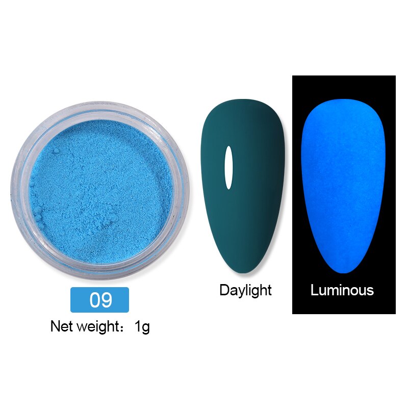 1 låda fluorescerande nagelpulver neonfosfor färgglad nagelkonst glitterpigment som håller längst 3d glödande självlysande dammdekorationer: 16