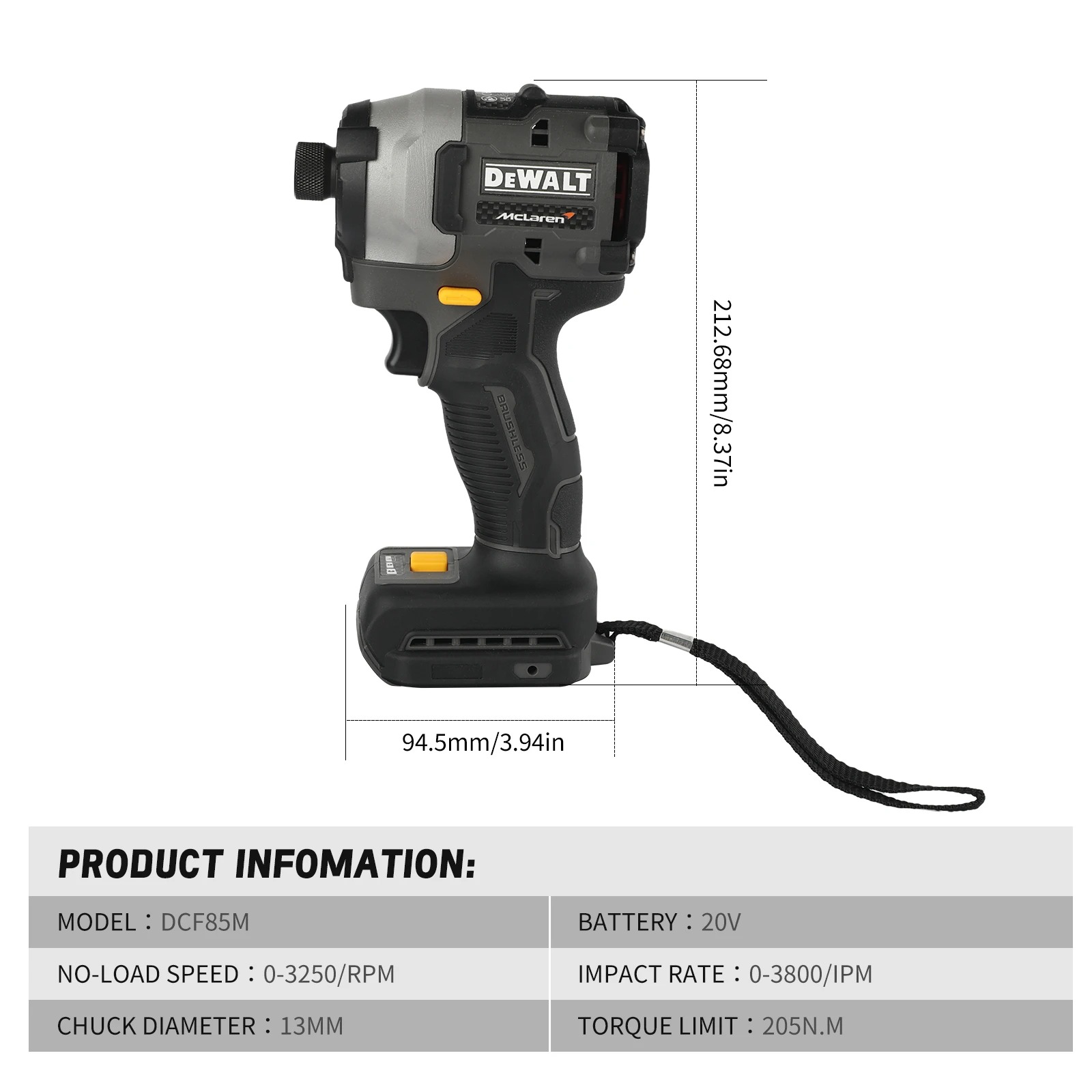DEWALT DCF85M 20V Max XR Brushless Electric Screwdriver 205Nm Torque 0-3250RPM 13mm Keyless Chuck Variable Speed Power Tool