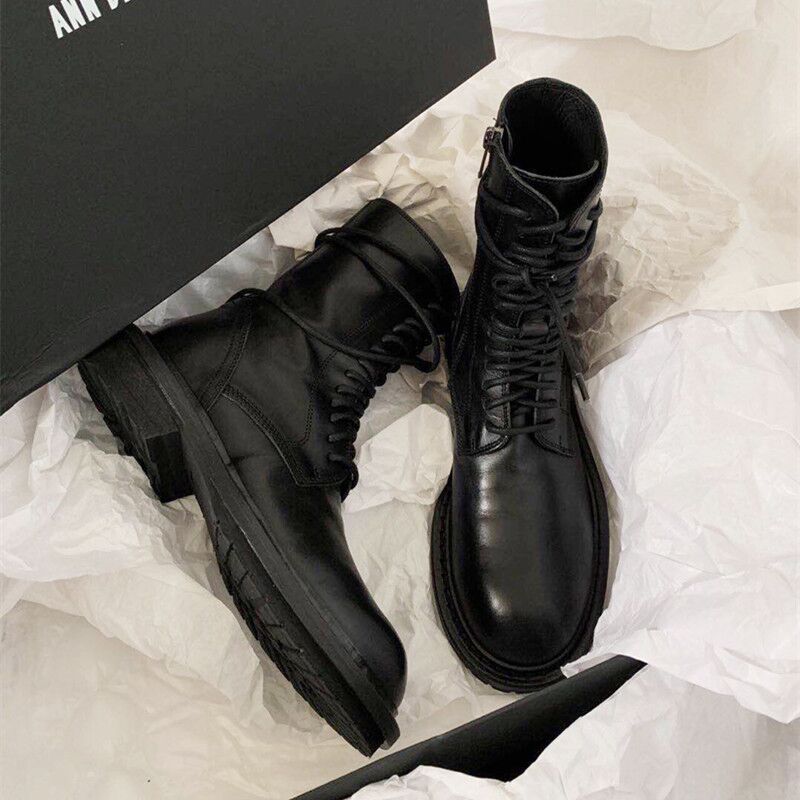À lacets talons épais moto botines bout rond creeper knight bottes femme mi-mollet noir bref hiver bottes d'équitation femmes