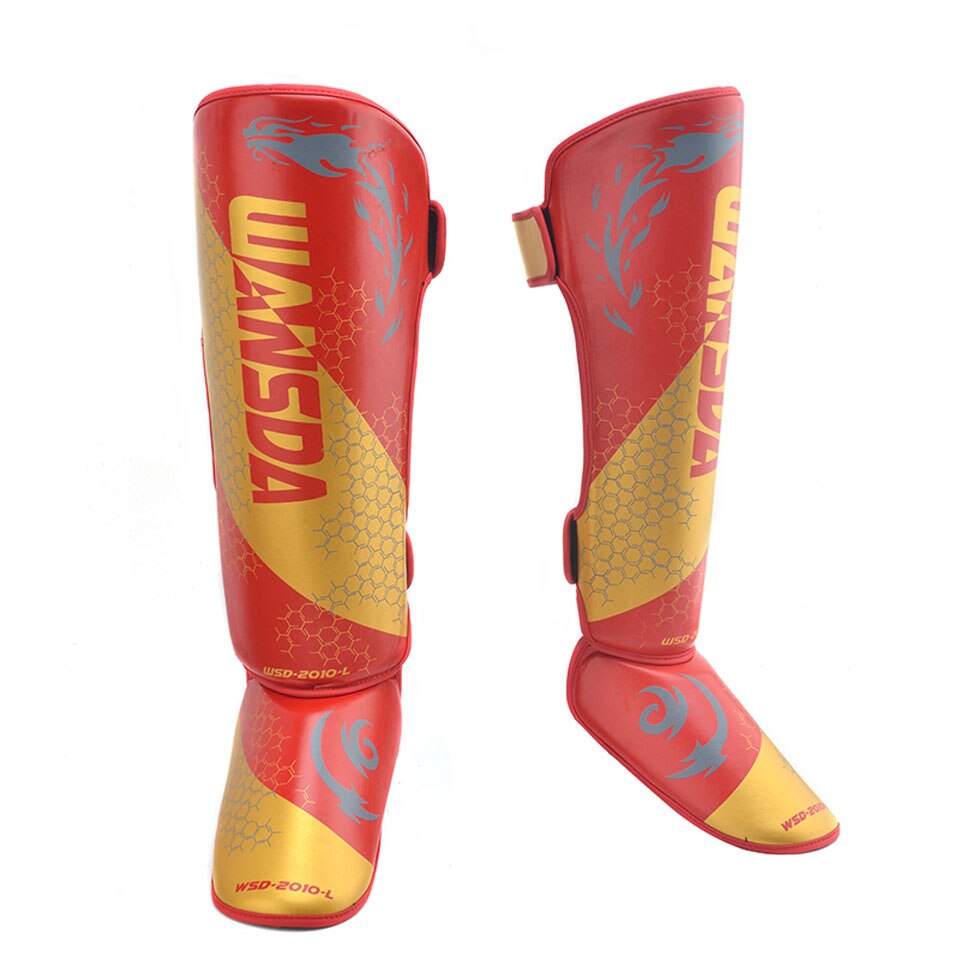 GOBYGO Ein Paar High PU Leder Boxen Shin Guards Knöchel Schutz MMA Muay Thai Training Bein Wärmer Treten shin Schutz: Red with gold / S--Height 135-165cm