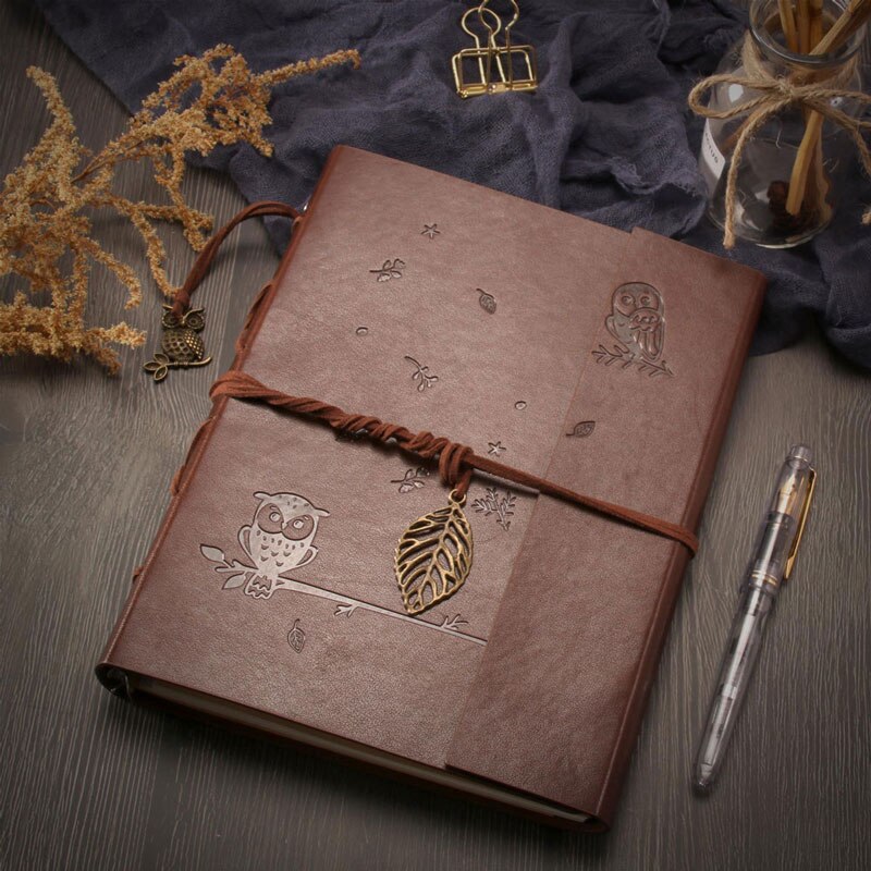 VEESUN-Cuaderno de cuero A5, Agenda, papeles y hojas sueltas, suministros escolares para estudiantes, Bloc de escritura de oficina: Owl
