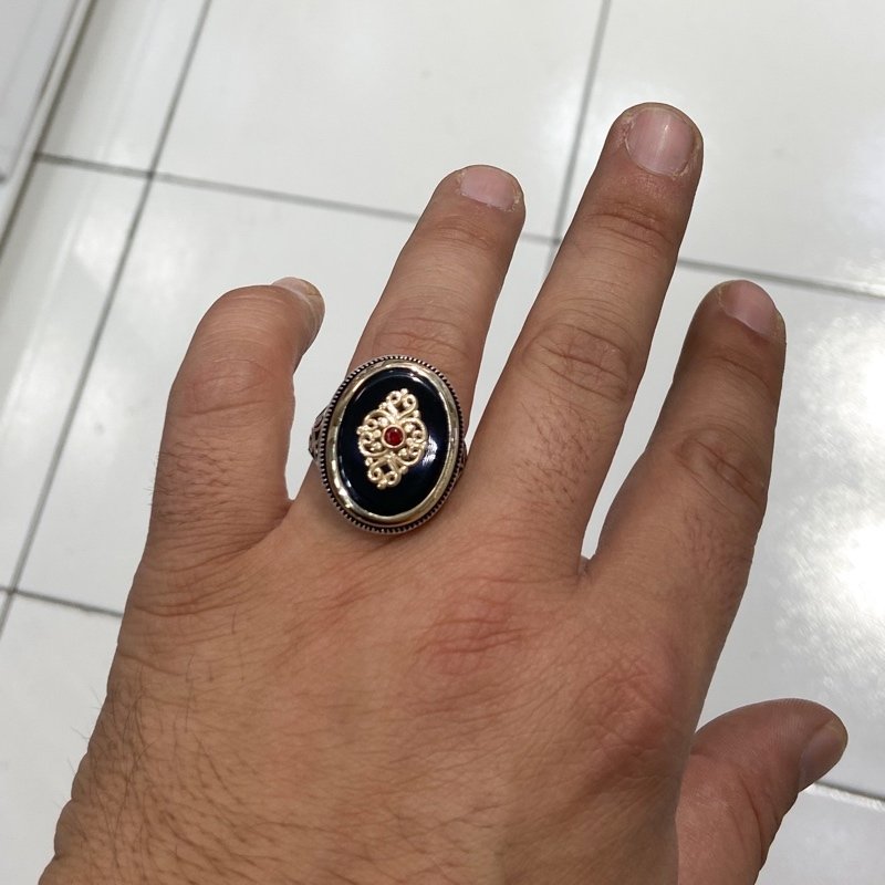 Heren Zilveren Ring - Oval Onyx Steen - Simpel Elegant Top Design
