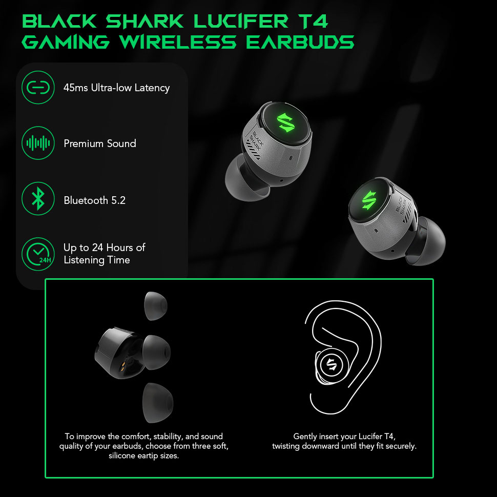 Black Shark-auriculares inalámbricos T4 para videojuegos, por Bluetooth 5,2, con sonido de de estudio, Lucifer T4