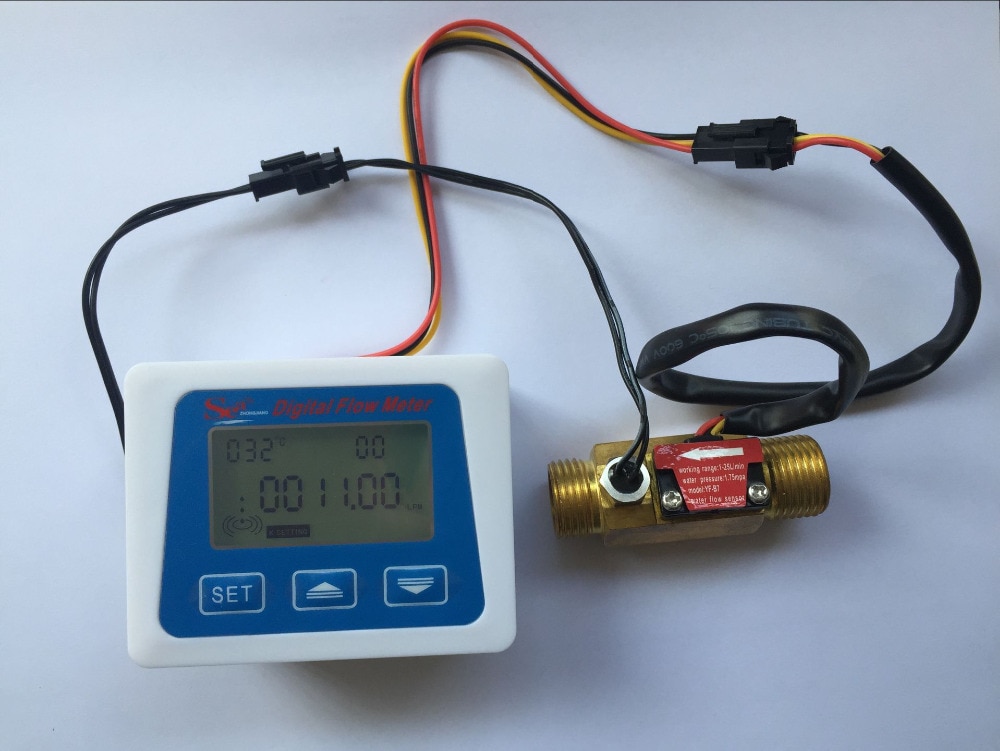 LCD display Digital flow meter+ Brass flow sensor temperature measuring YF-B7 Hall sensor meter switch