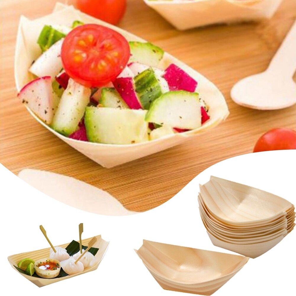 50pcs Pine Wood Serving Boat Disposable Food Tray For Home Catering Tool