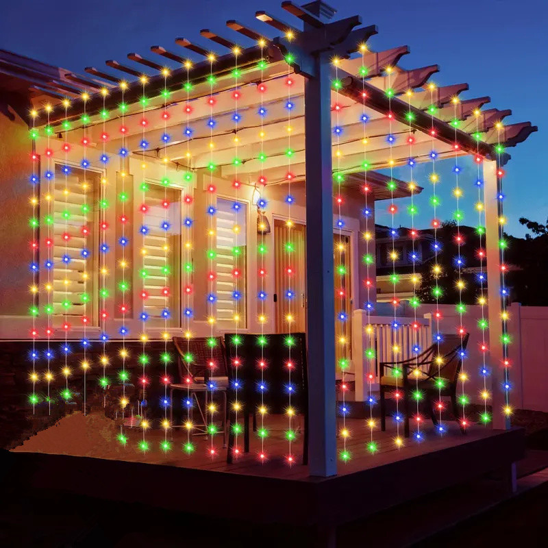 Cortina de luces LED solares de 6M/3M, 8 modos de iluminación, guirnaldas de luces para exteriores, cenador para de boda, decoración de jardín, iluminación navideña: Azul / 11-15 W