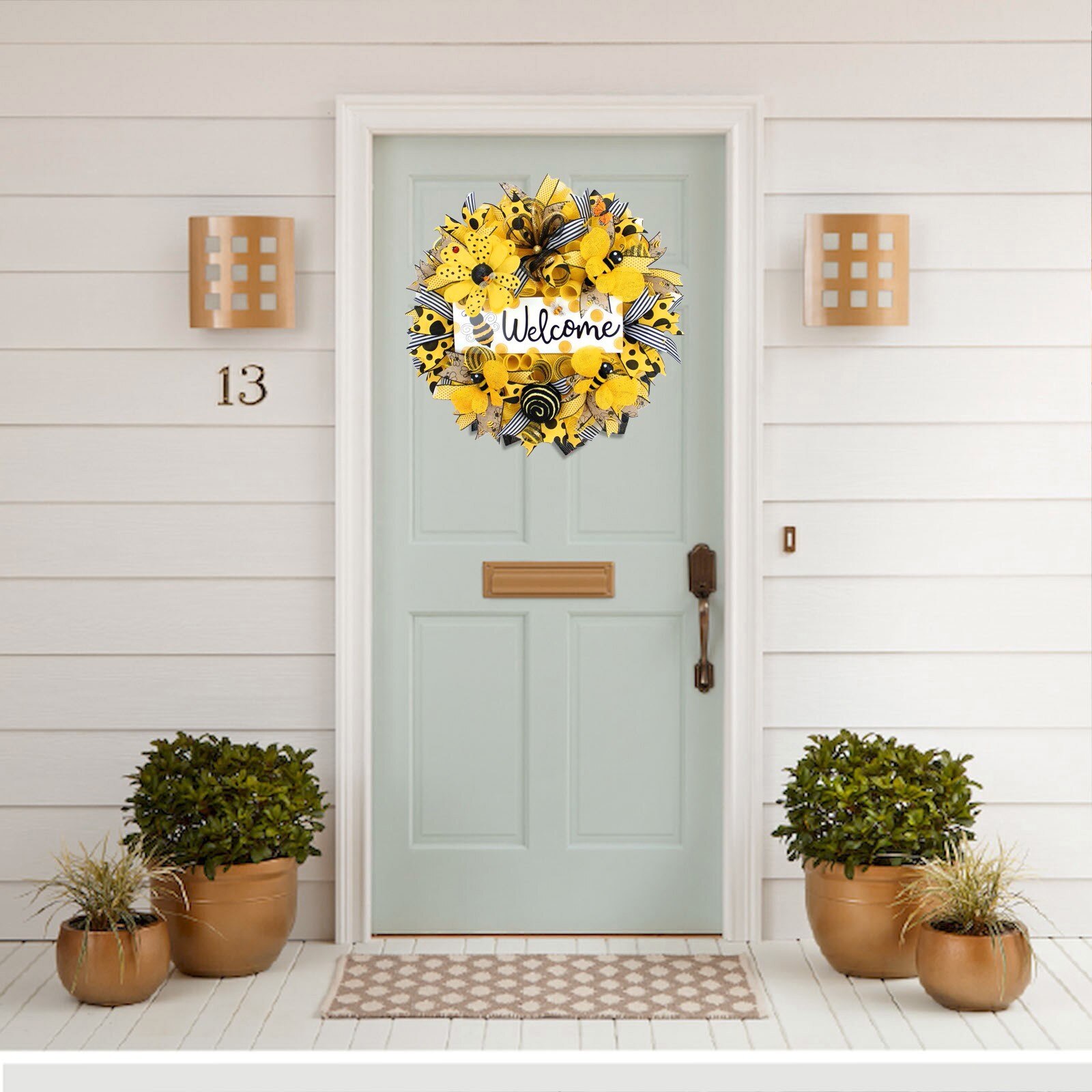 Happy Bee Day Artificial Wreath Welcome Signs Garden Decoration Countryside Style Bumble Bee Sunflower Outdoor Door Wall Decor