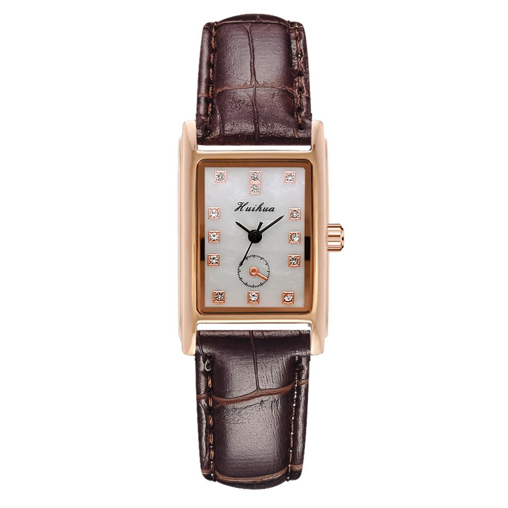 Ure kvinder firkantede rosa guld armbåndsure rødt læder mærke ure kvindelige damer quartz ur montre femme: Kaffe