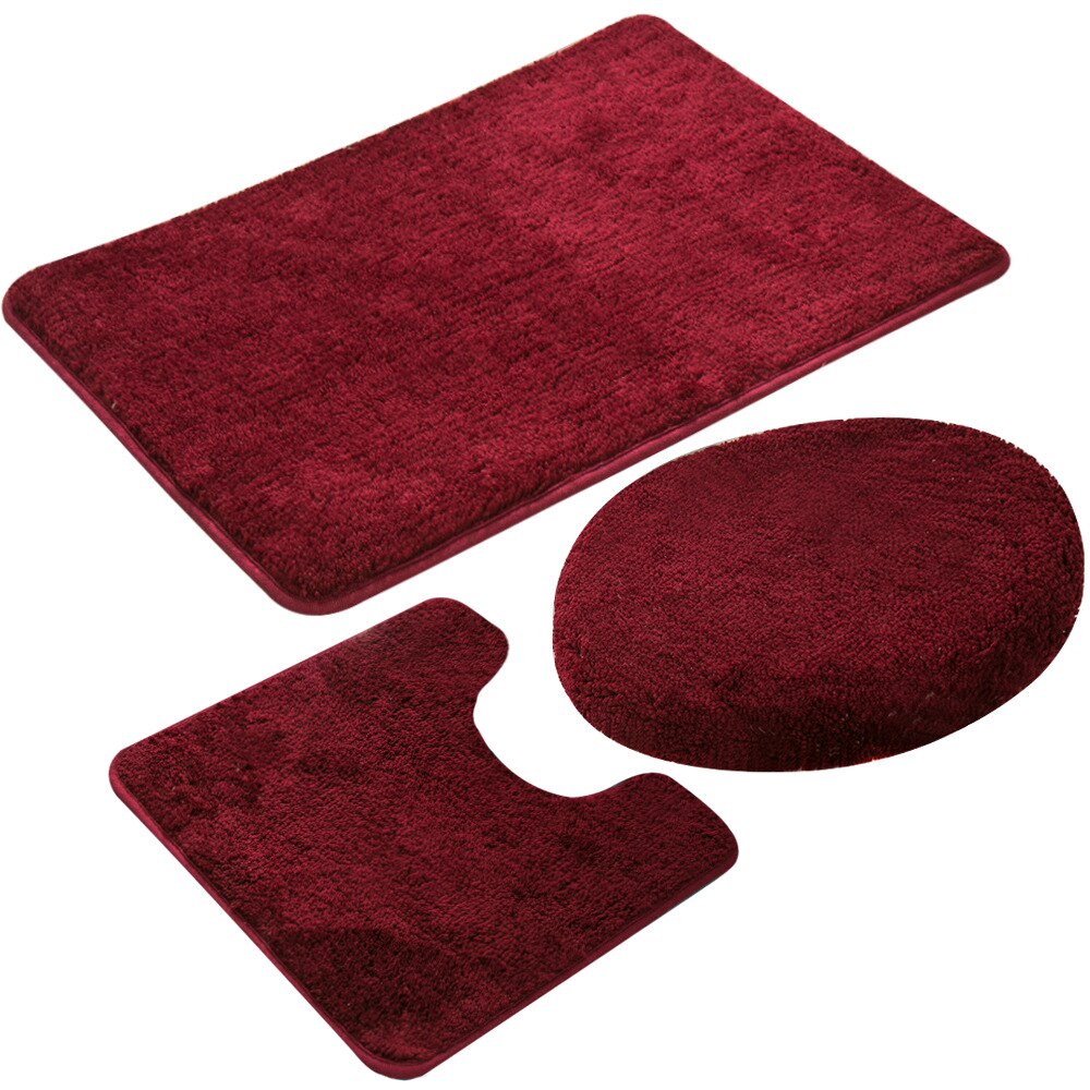 Bath Rug Sets 3 Piece for Bathroom Non Slip Bath Mat Set Washable Bathroom Rug Set Toilet Floor Mat Toilet cover: Red wine