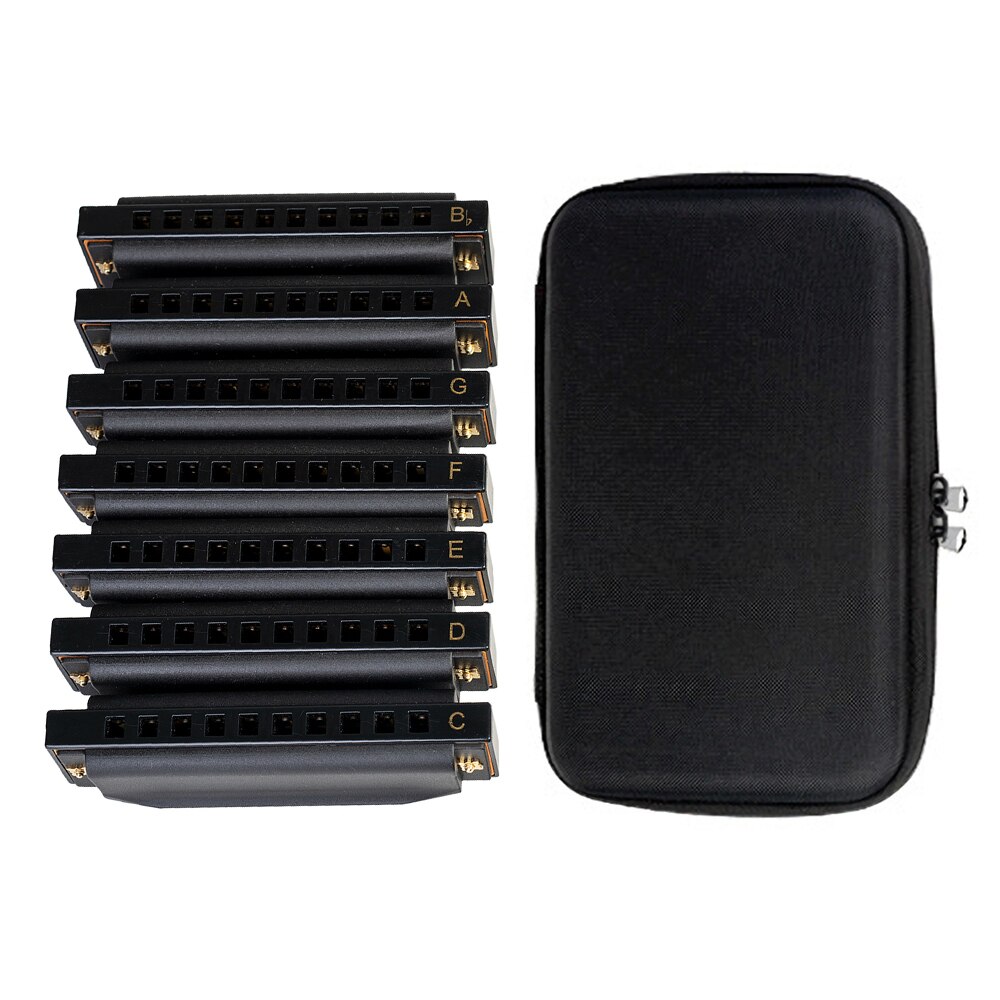 Piedmont Blues Harmonica Harp Set of 7 (G, A, Bb, C, D, E, F Keys) 10 Holes with Zippered Carrying Case