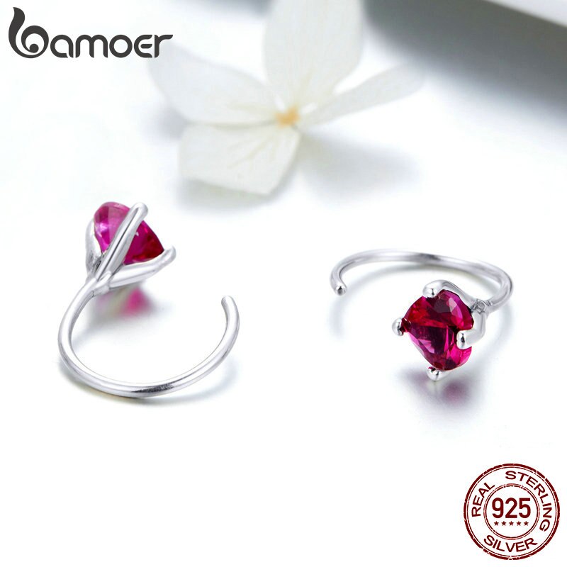 BAMOER romantique 925 en argent Sterling battement de coeur forme rose rouge CZ boucles d'oreilles pour les femmes bijoux en argent SCE531